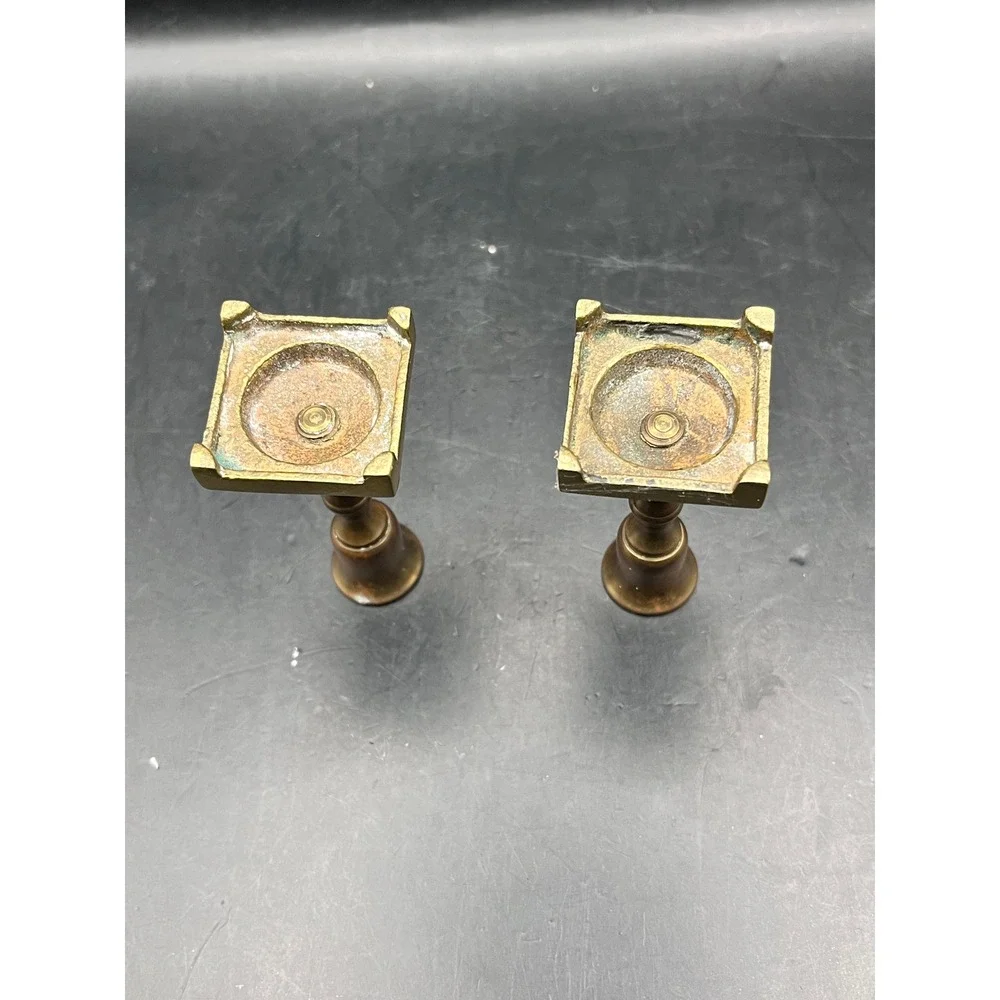 Pair Candlestick Holders Mini‎ Brass Square Base 2.75